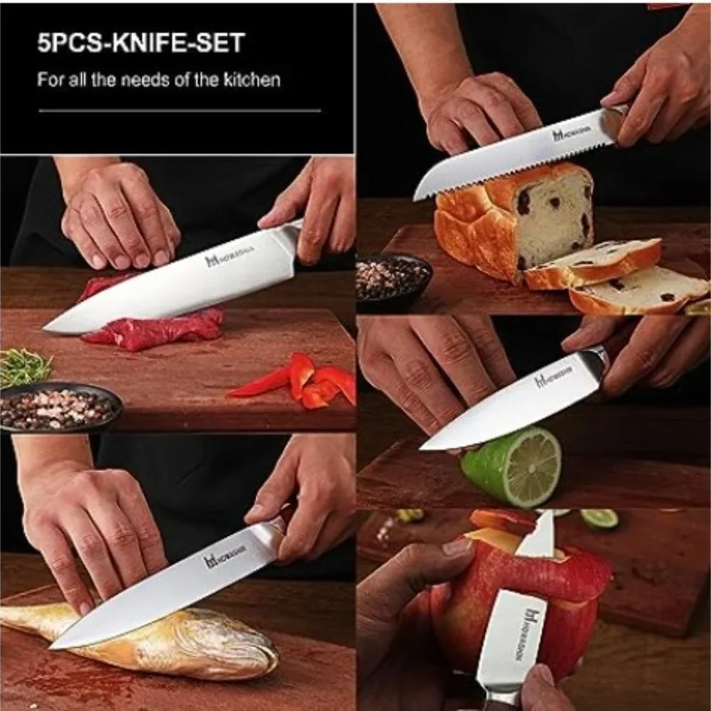 5 pcs - Professional Kitchen Knife Set with Red Sandalwood Handles